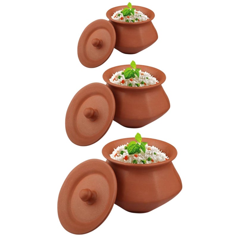 Bhanvi Stylish Clay Curd Pot, Handi Set of 3, 500ml, 1000ml, 1500ml, Brown, Glazed, With Lids, Ideal for Cooking, Biryani, Dahi, Kitchen Decor - Image 1