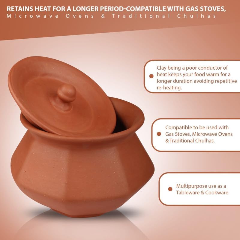 Bhanvi Stylish Clay Curd Pot, Handi Set of 3, 500ml, 1000ml, 1500ml, Brown, Glazed, With Lids, Ideal for Cooking, Biryani, Dahi, Kitchen Decor - Image 2