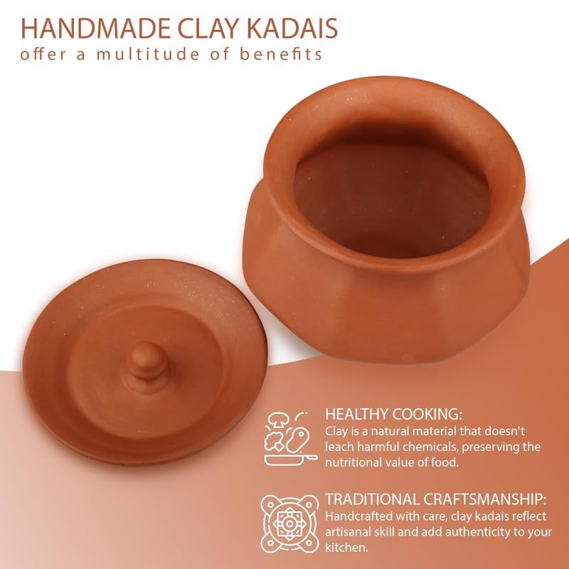 Bhanvi Stylish Clay Curd Pot, Handi Set of 3, 500ml, 1000ml, 1500ml, Brown, Glazed, With Lids, Ideal for Cooking, Biryani, Dahi, Kitchen Decor - Image 3