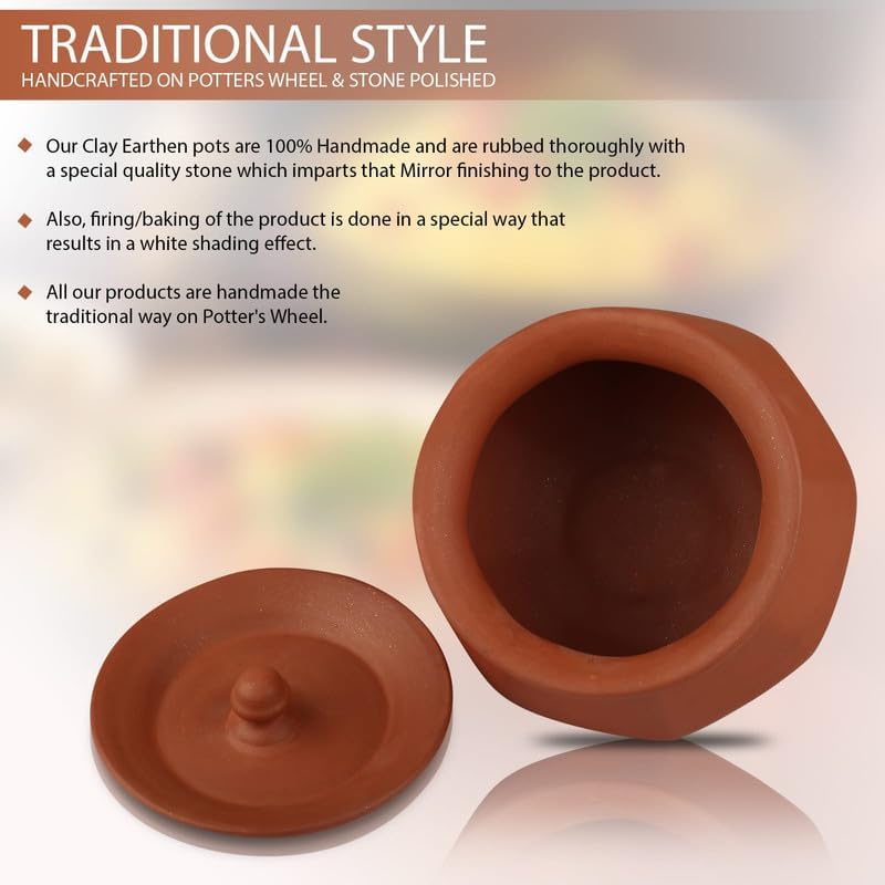 Bhanvi Stylish Clay Curd Pot, Handi Set of 3, 500ml, 1000ml, 1500ml, Brown, Glazed, With Lids, Ideal for Cooking, Biryani, Dahi, Kitchen Decor - Image 4