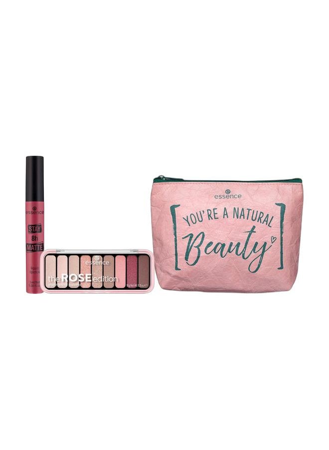 Essence Natural Beauty Make-Up Bag Pink + The Rose Edition Eyeshadow Palette 20 Lovely In Rose + Stay 8H Matte Liquid Lipstick 09 Bite Me If You Can  - Image 1