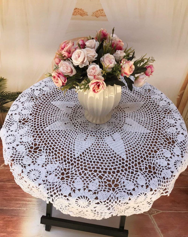 Damanni White Cotton Handmade Crochet Lace Tablecloth Doilies Round 24 Inch - Image 3