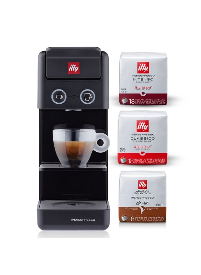 Illy Y3.3 Iperespresso Coffee Machine – Black, bundled with 3 Mixed Iperespresso Capsule Packs (Classico, Intenso, Brasile) and a 1‑Year illy UAE Warranty. - Image 1