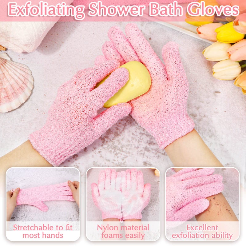 Anezus Exfoliating Shower Bath Gloves Back Scrubber Set for Body, Face, Shower, Bath, Scrub and Exfoliator (Pink) - Image 3