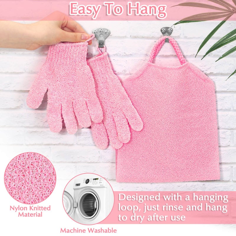 Anezus Exfoliating Shower Bath Gloves Back Scrubber Set for Body, Face, Shower, Bath, Scrub and Exfoliator (Pink) - Image 4