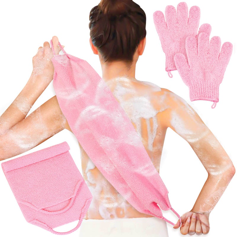 Anezus Exfoliating Shower Bath Gloves Back Scrubber Set for Body, Face, Shower, Bath, Scrub and Exfoliator (Pink) - Image 1
