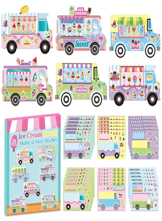 CY2SIDE Ice-Cream Truck Face Sticker - 36PCS Summer Ice Cream Cart Scene Make a Face Sticker Sheet for Kids Make Your Own Dessert Truck Shop Scene with Sweets Craft Games for Kids Classroom Activities - Image 1