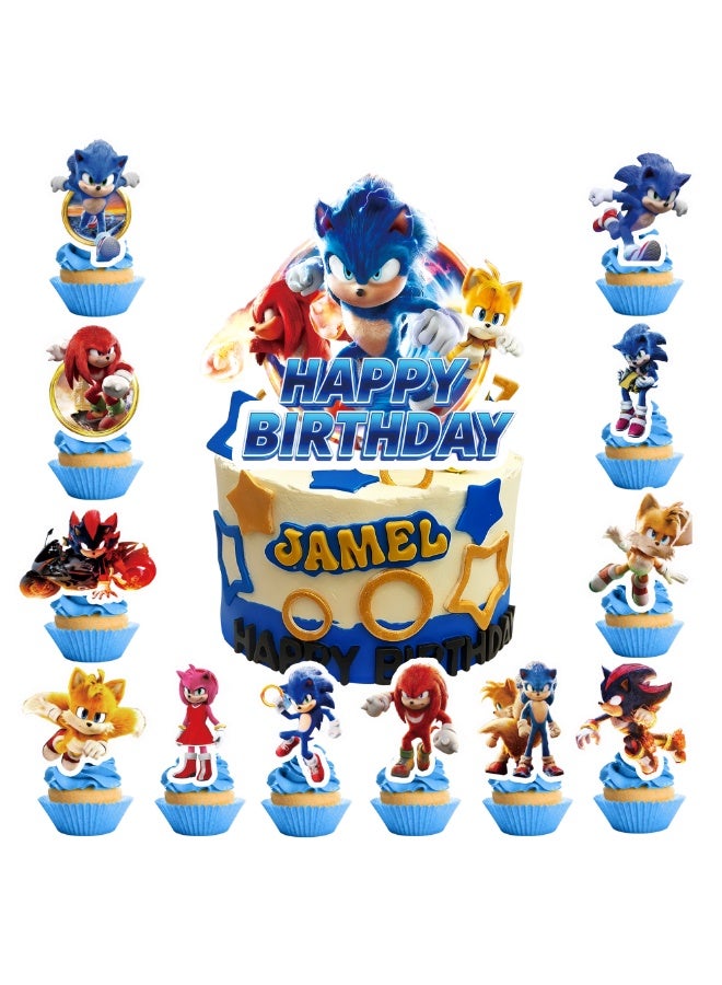 Sonic Cake Decorations, 25pcs Speed Hero Cake Toppers Set - 1 Sonic Birthday Cake Topper + 24 Mini Speed Themed Toppers for Sonic Birthday Decorations Supplies - Image 1