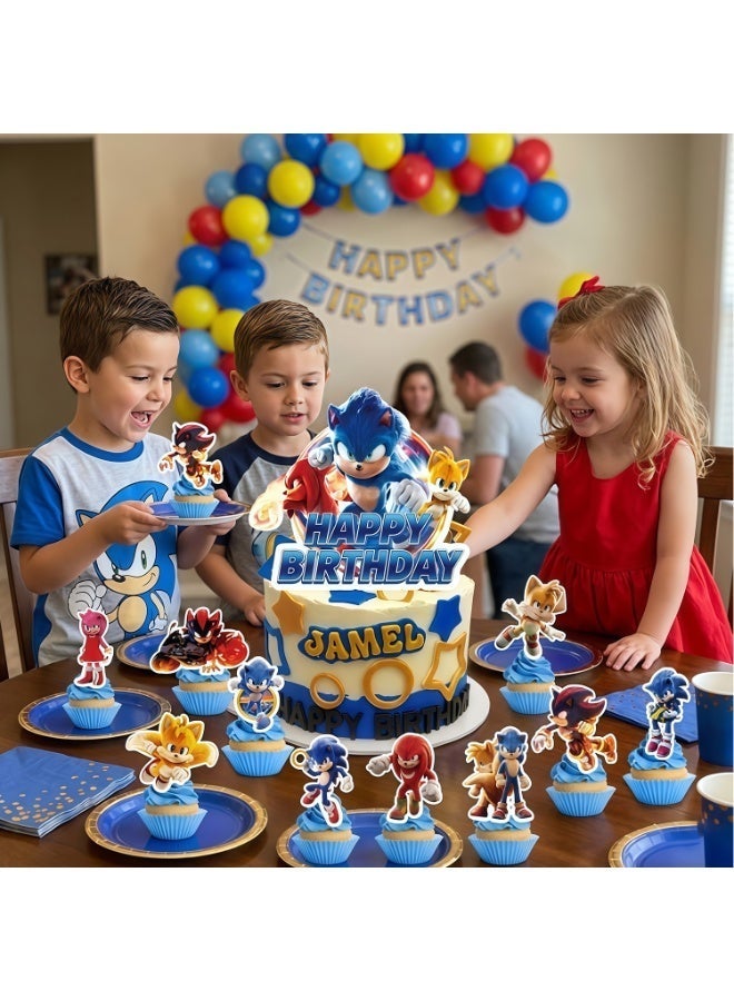 Sonic Cake Decorations, 25pcs Speed Hero Cake Toppers Set - 1 Sonic Birthday Cake Topper + 24 Mini Speed Themed Toppers for Sonic Birthday Decorations Supplies - Image 5