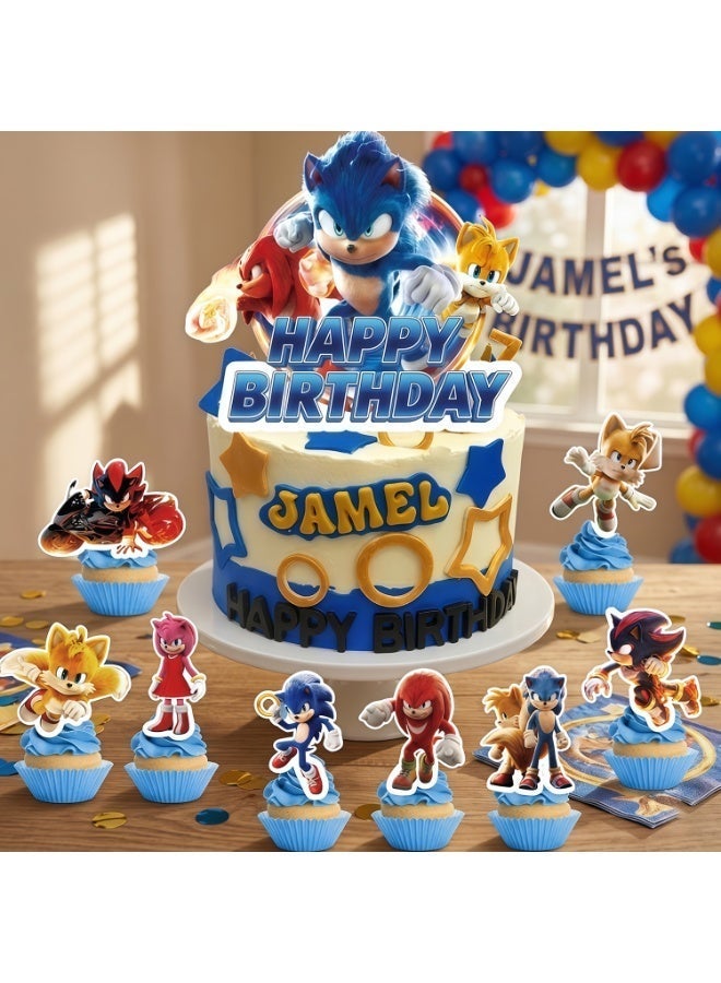 Sonic Cake Decorations, 25pcs Speed Hero Cake Toppers Set - 1 Sonic Birthday Cake Topper + 24 Mini Speed Themed Toppers for Sonic Birthday Decorations Supplies - Image 4