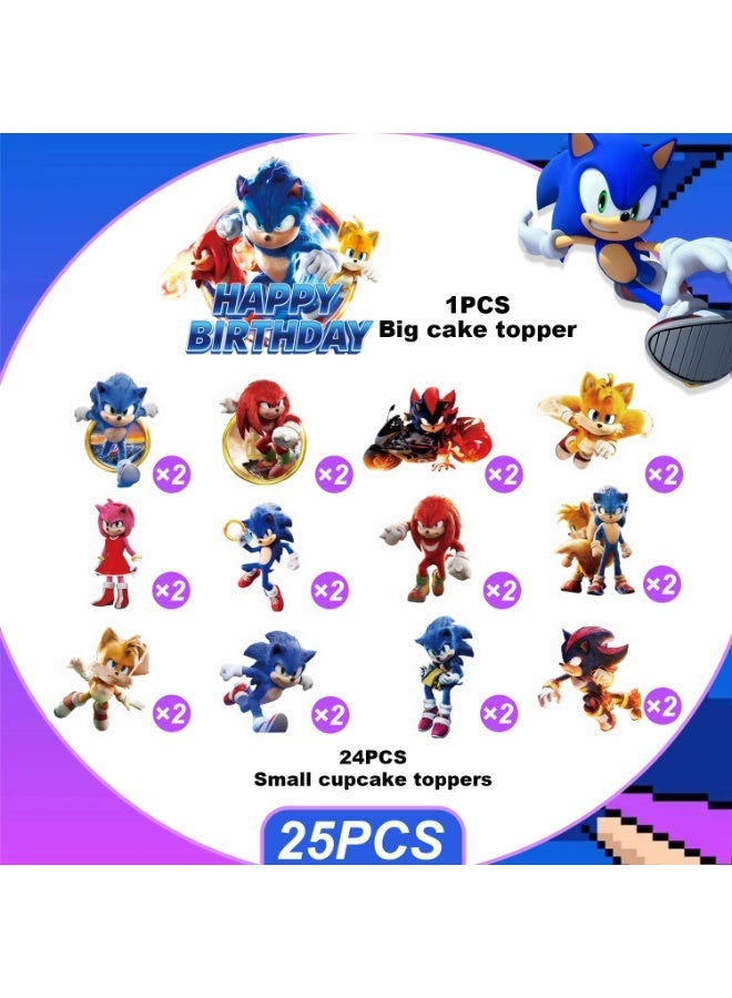 Sonic Cake Decorations, 25pcs Speed Hero Cake Toppers Set - 1 Sonic Birthday Cake Topper + 24 Mini Speed Themed Toppers for Sonic Birthday Decorations Supplies - Image 3