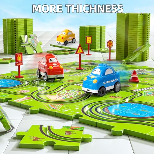 JUKUDAHU 64 Pieces Puzzle Race Track Car Set Toys for 3 4 5 6 Year Old Boys Puzzle Tracks Car Toys for Kids Ages 35 with 3 Sliding Toy Cars CityThemed Birthday Gifts for Toddlers 13 24 46 - Image 5