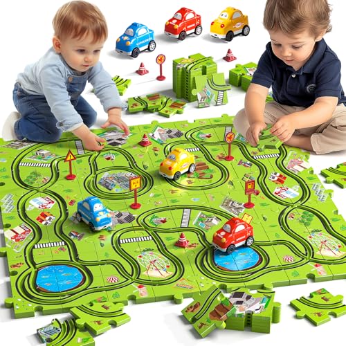 JUKUDAHU 64 Pieces Puzzle Race Track Car Set Toys for 3 4 5 6 Year Old Boys Puzzle Tracks Car Toys for Kids Ages 35 with 3 Sliding Toy Cars CityThemed Birthday Gifts for Toddlers 13 24 46 - Image 1