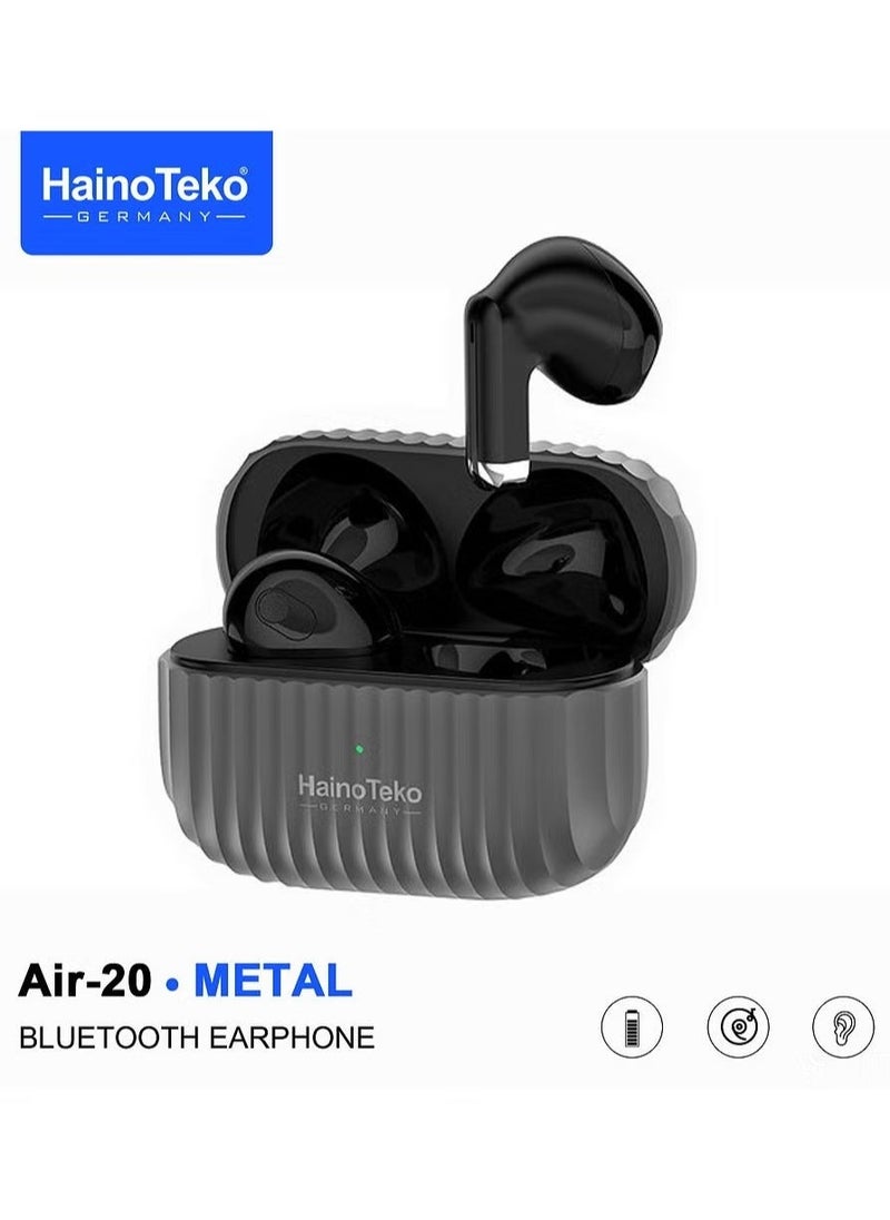 Haino Teko Air-20 Metal Bluetooth Earphones with High Bass Music Technology, Super Clear Microphone, Multifunctional Touch Control, Compatible with Android Mobiles and Tablets, Black – Wireless Earbuds for Music & Calls - Image 1