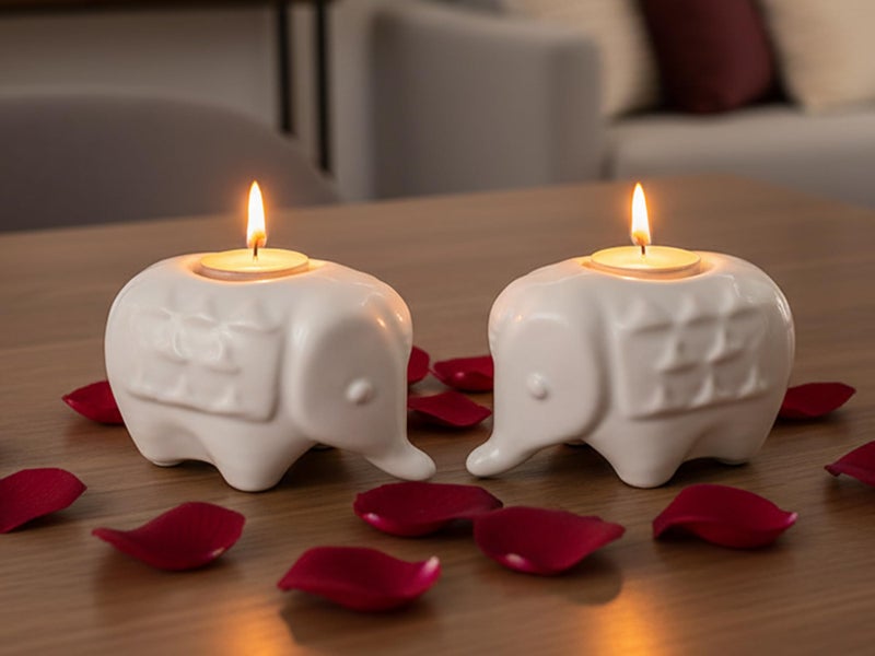 Bodhi House Handcrafted Ceramic Elephant Diya for Puja | Tealight Candle Holder for Dining Table, Home Decor & Gifting | Decorative Candle Holder Votive for Diwali Decor | Pack of 2, White - Image 4
