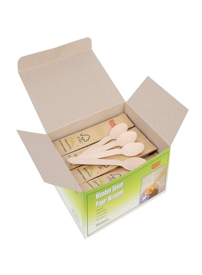 Gmark Disposable Wooden Spoons Paper Wrapped | Pack of 100-6.5" Spoons | 100% All-Natural, Eco-Friendly, Biodegradable, and Compostable 100 ct Individually Wrapped in Box GM1024 - Image 1