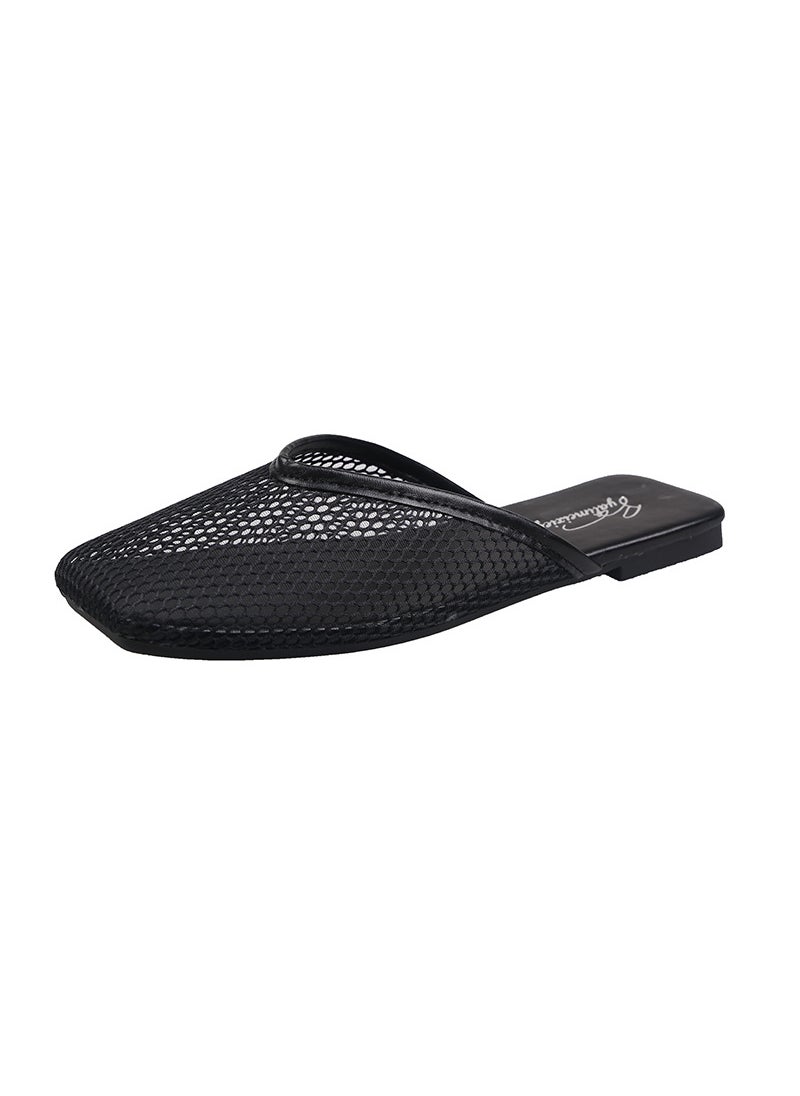 Generic - Casual Comfortable Womens Mesh Sandals Flat Bottom One-row Net Yarn Head 2024 Summer New Product Outer Wear Slippers Wholesale Black - Image 1