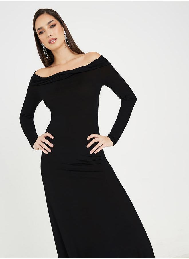 Styli - Off Shoulder Soft Shiny A-Line Maxi Dress - Image 1