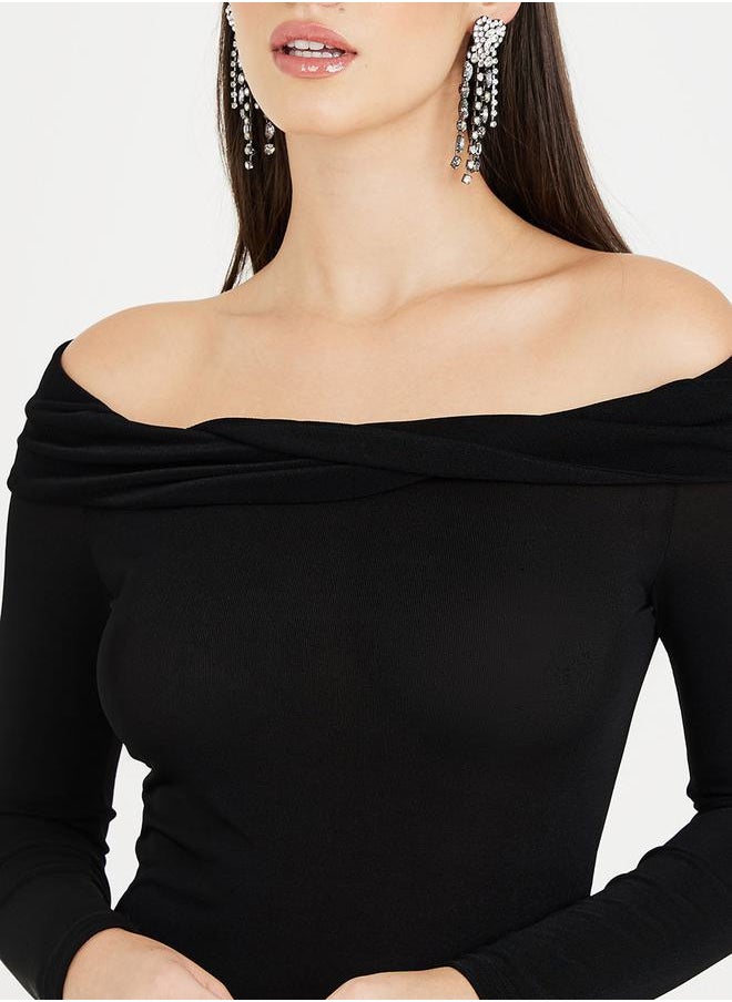 Styli - Off Shoulder Soft Shiny A-Line Maxi Dress - Image 1