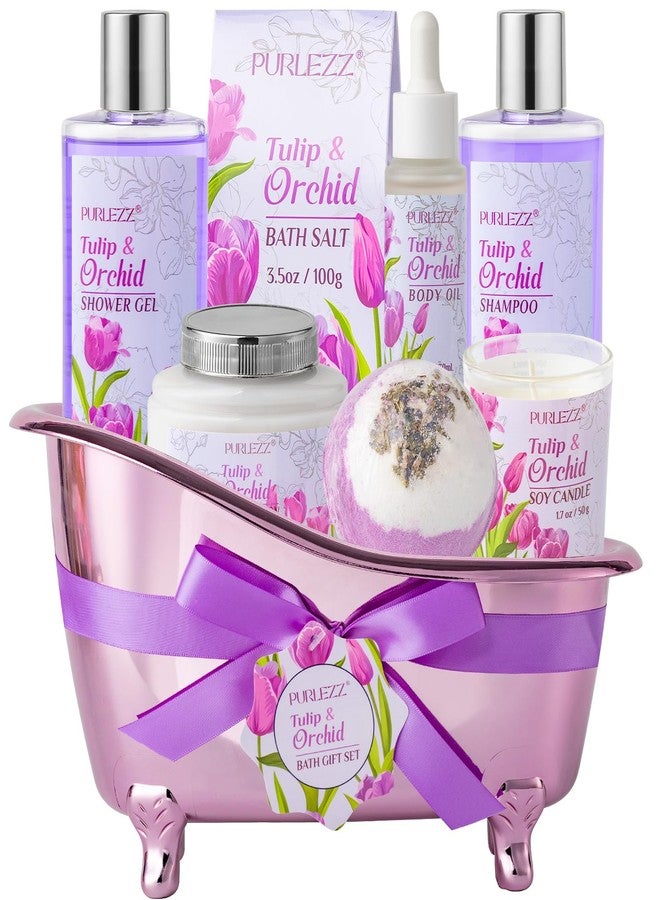 PURLEZZ Spa Gift Basket, Mother's Day Gift for Mom - 8 Pcs Tulip scents Bath & Body Gift Set for Women, Spa Gift Kit, Birthday Gifts, Self Care, Pampering Gifts for Her, All Occasion Holiday Present - Image 1