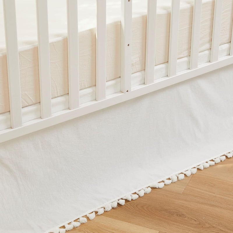 Brandream Boho Bohemian Girl Boy Baby Nursery Crib Bed Skirt Dust Ruffle - Neutral Solid Color Cream Off White Farmhouse Chic 100% Washed Cotton Minimalist Tassel Fringe Macrame - Image 1