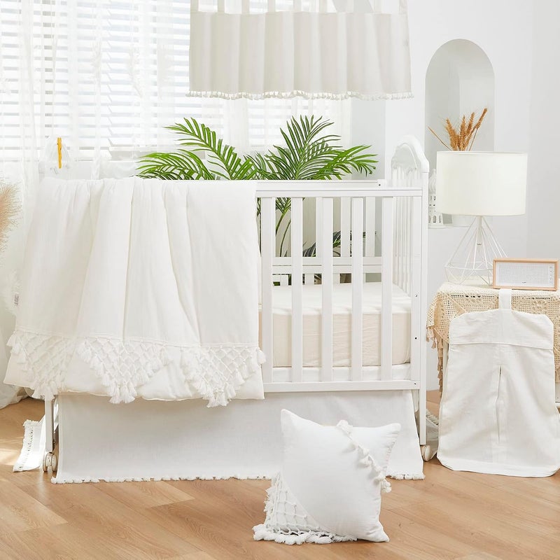 Brandream Boho Bohemian Girl Boy Baby Nursery Crib Bed Skirt Dust Ruffle - Neutral Solid Color Cream Off White Farmhouse Chic 100% Washed Cotton Minimalist Tassel Fringe Macrame - Image 4