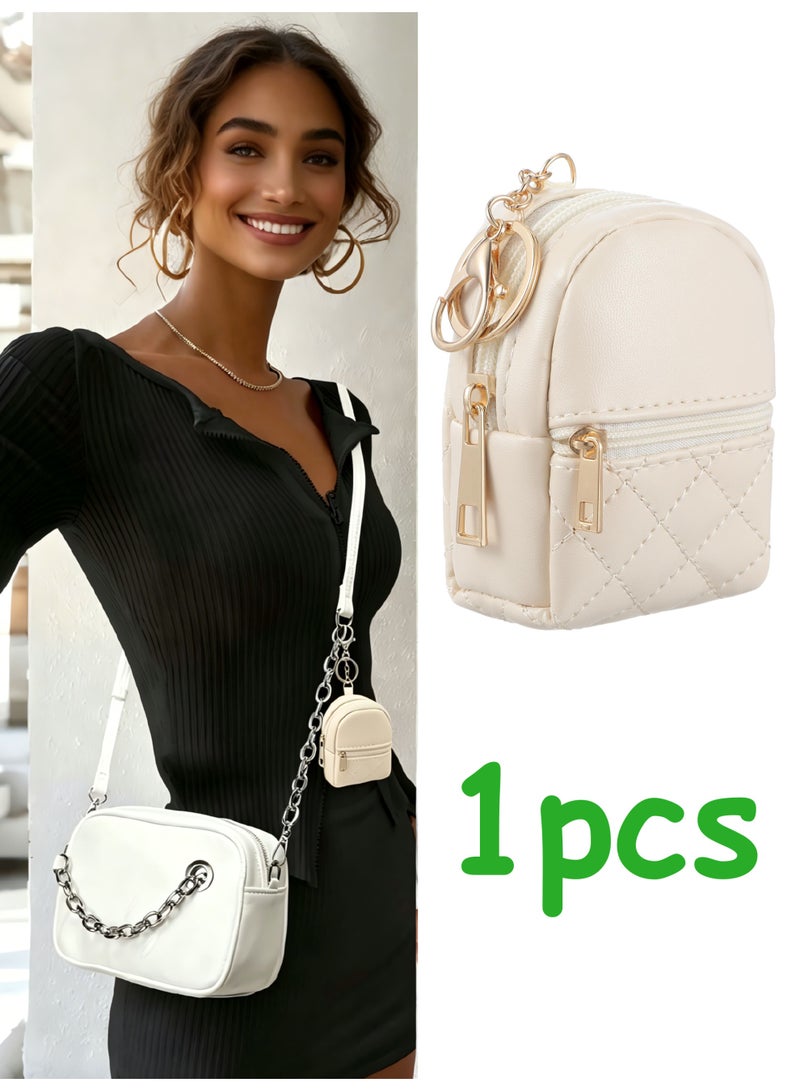 PU Leather Mini Backpack Keychain Coin Purse, Cute Multi-use Zipper Pouch for Women, Lipstick Card Data Cable Cosmetic Storage Bag, Beige - Image 1