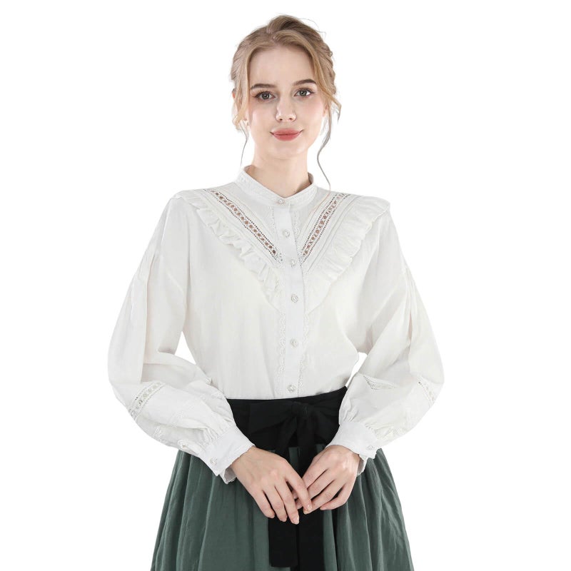 Nuoqi Victorian Blouse for Women White Cotton Renaissance Shirt Long Sleeve Vintage Top M - Image 1