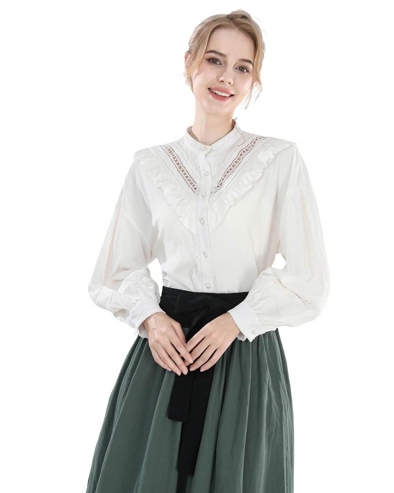 Nuoqi Victorian Blouse for Women White Cotton Renaissance Shirt Long Sleeve Vintage Top M - Image 3