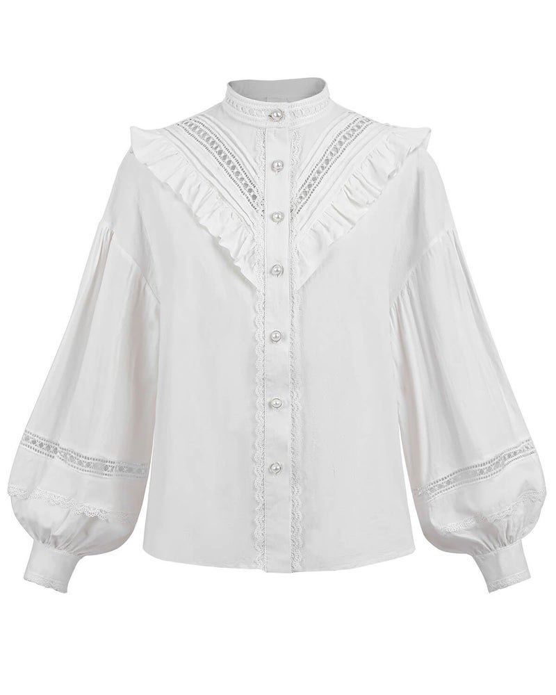 Nuoqi Victorian Blouse for Women White Cotton Renaissance Shirt Long Sleeve Vintage Top M - Image 5