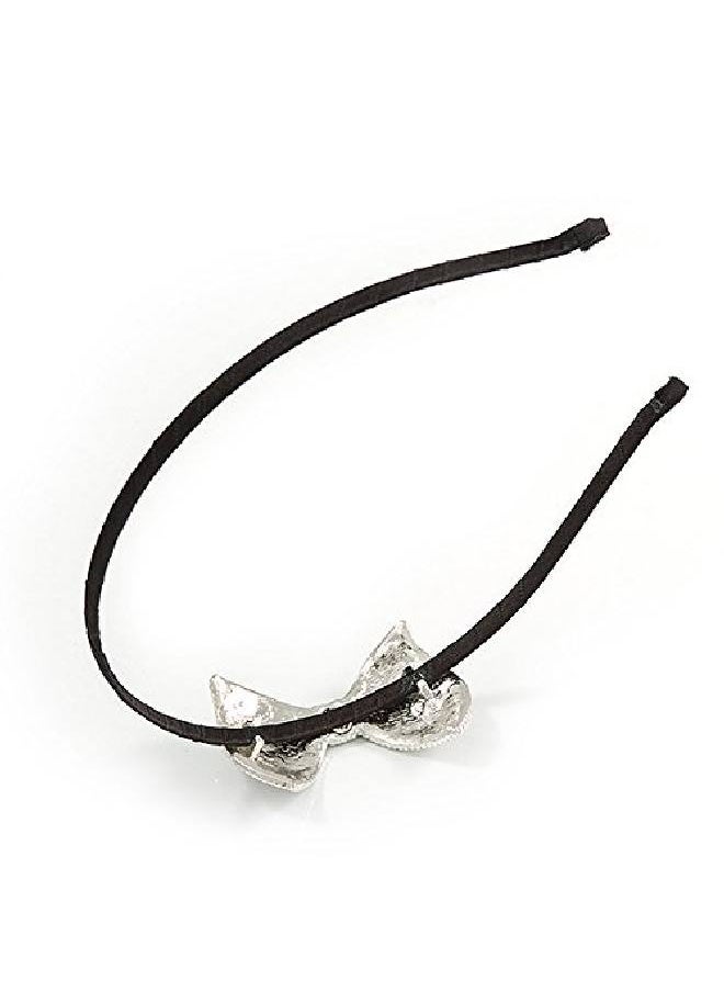 Avalaya Party/Prom/Wedding Silver Tone With Black Silk Ribbon Clear Crystal Bow Tiara Headband Flex  - Image 4