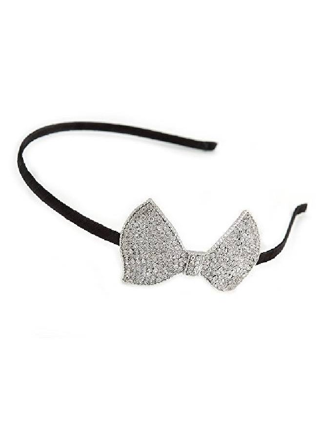 Avalaya Party/Prom/Wedding Silver Tone With Black Silk Ribbon Clear Crystal Bow Tiara Headband Flex  - Image 1