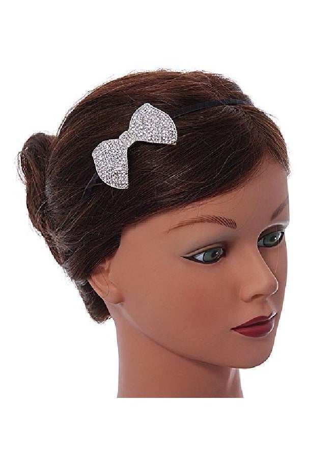 Avalaya Party/Prom/Wedding Silver Tone With Black Silk Ribbon Clear Crystal Bow Tiara Headband Flex  - Image 3
