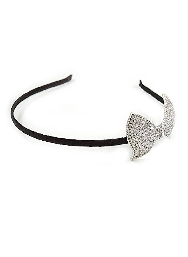 Avalaya Party/Prom/Wedding Silver Tone With Black Silk Ribbon Clear Crystal Bow Tiara Headband Flex  - Image 5