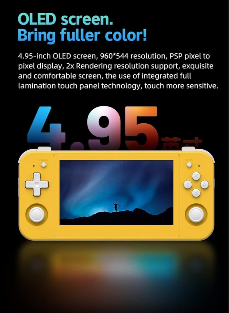 ANBERNIC  RG505 Retro Game Handheld Game Console with 128GB TF-card Built-in 3000+ Games, 4.95-inch OLED Touch Screen with Android 12 System, Unisoc Tiger T618 and Compatible with Google Play Store (Yellow)  - Image 3