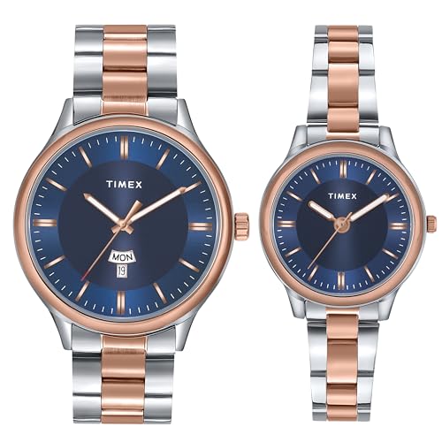 TIMEX Analog Watch for Couple with Blue Round Dial & Two Tone Stainless Steel Bracelet Band Water Resistant Pair's Wrist Watches - TW00ZP010 - Image 1