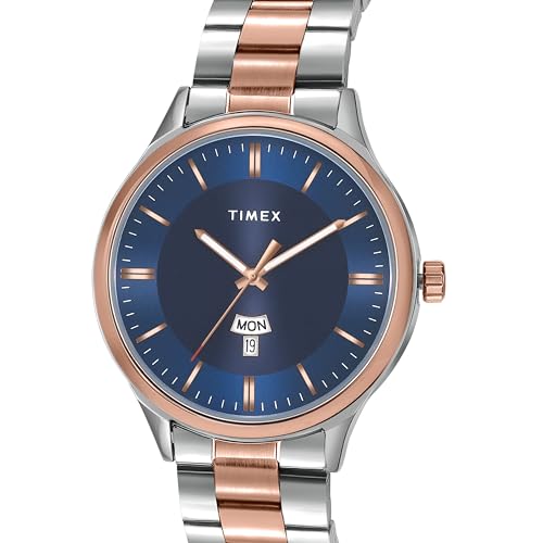 TIMEX Analog Watch for Couple with Blue Round Dial & Two Tone Stainless Steel Bracelet Band Water Resistant Pair's Wrist Watches - TW00ZP010 - Image 2