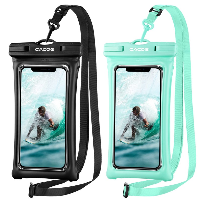 CACOE [Floatable] Floating Universal IPX8 Waterproof Phone case 2 Pack-Up to 7.0",Adjustable Lanyard Phone Pouch,Cellphone Dry Bags for Vacation Beach Pool Kayak Cruise Travel Essentialsï¼ˆBlack+Greenï¼‰ - Image 1