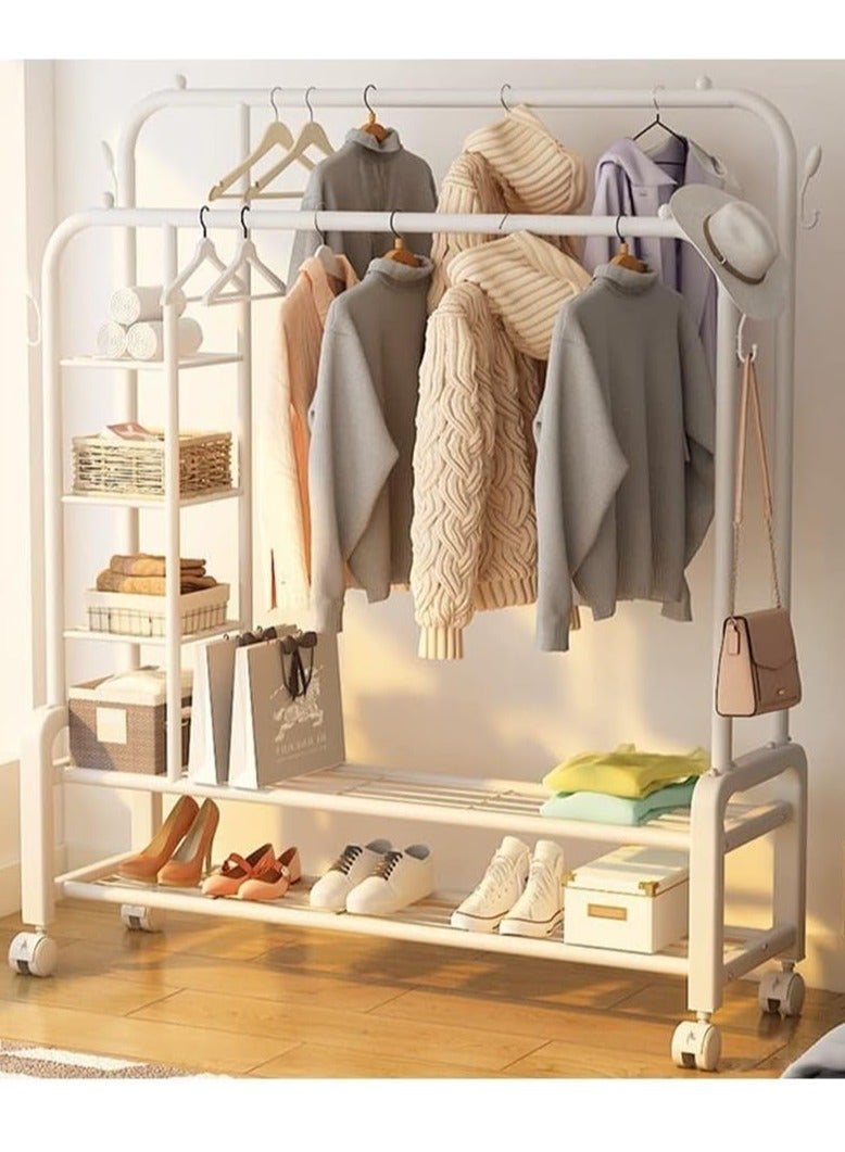 CAMELMALL Heavy Duty White Rolling Metal Clothes Rack – with Side Storage Shelves & Wheels, Hanger Organizer for Entryway, Balcony, Bedroom, 155x110x55 cm - Image 2