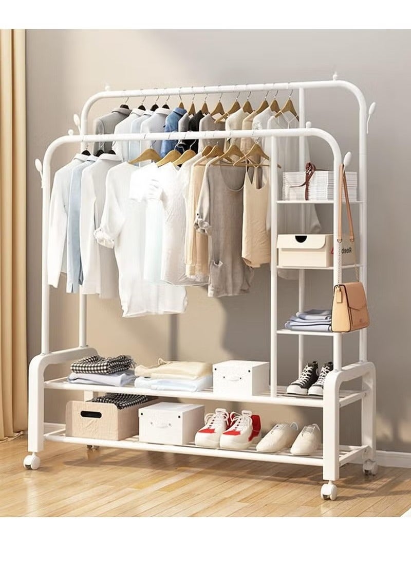 CAMELMALL Heavy Duty White Rolling Metal Clothes Rack – with Side Storage Shelves & Wheels, Hanger Organizer for Entryway, Balcony, Bedroom, 155x110x55 cm - Image 5