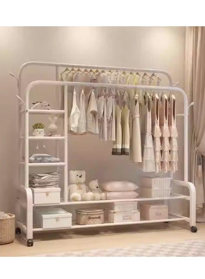 CAMELMALL Heavy Duty White Rolling Metal Clothes Rack – with Side Storage Shelves & Wheels, Hanger Organizer for Entryway, Balcony, Bedroom, 155x110x55 cm - Image 3
