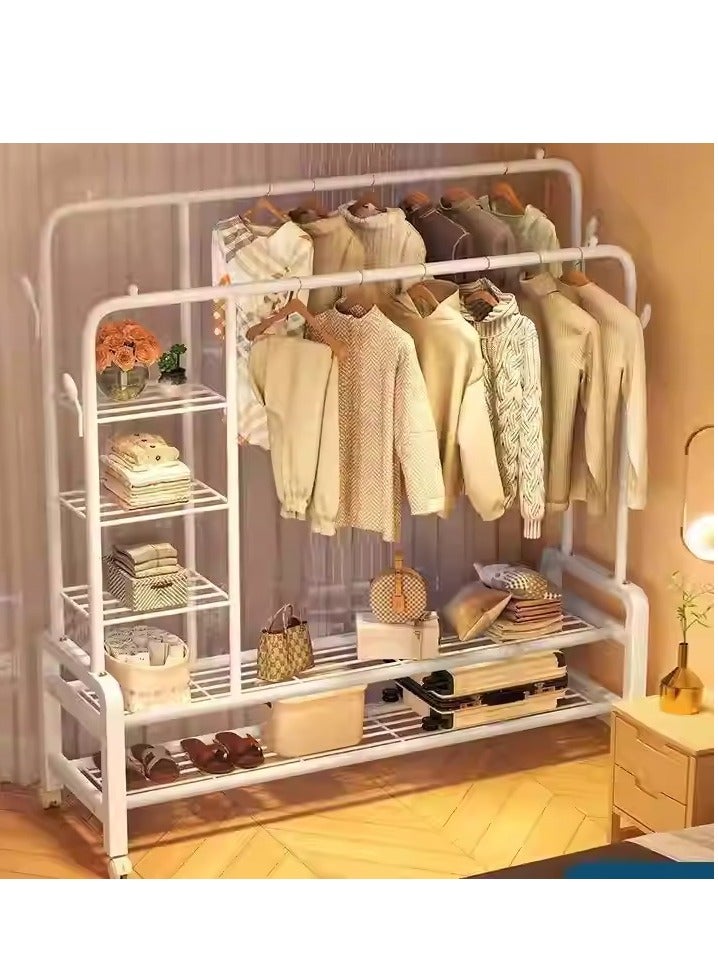 CAMELMALL Heavy Duty White Rolling Metal Clothes Rack – with Side Storage Shelves & Wheels, Hanger Organizer for Entryway, Balcony, Bedroom, 155x110x55 cm - Image 4