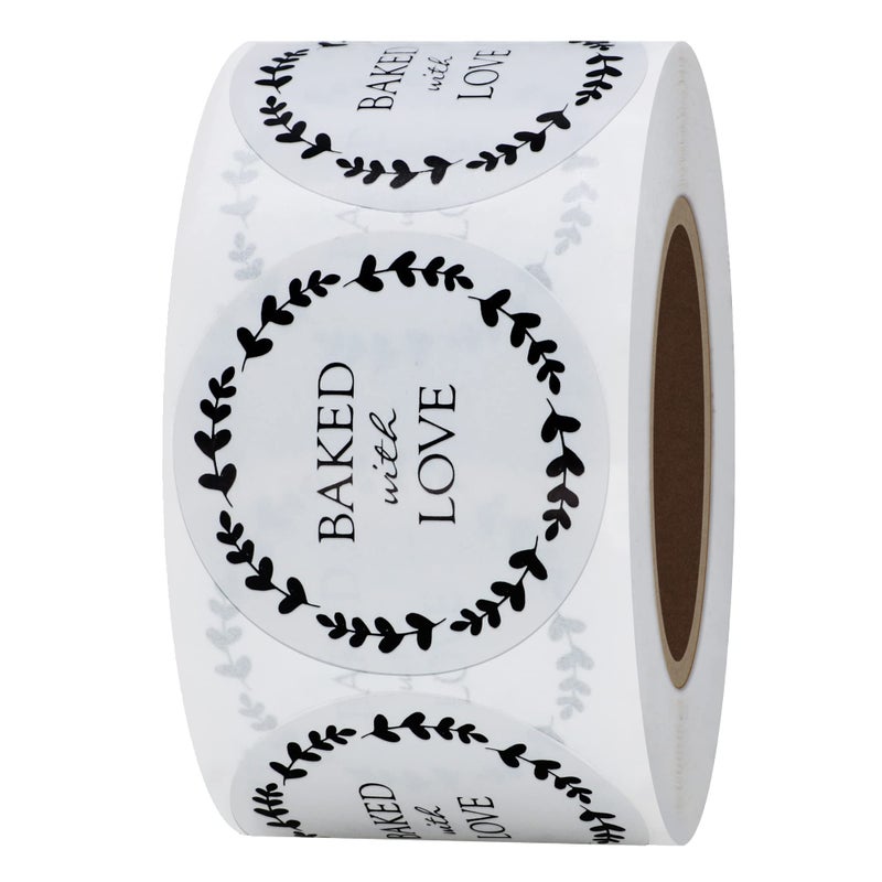 Hybsk Baked with Love Stickers with Wreath Around 1.5 Inch Round Total 500 Adhesive Labels Per Roll (Glossy Paper) - Image 2