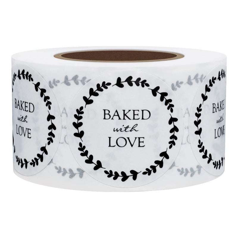 Hybsk Baked with Love Stickers with Wreath Around 1.5 Inch Round Total 500 Adhesive Labels Per Roll (Glossy Paper) - Image 1
