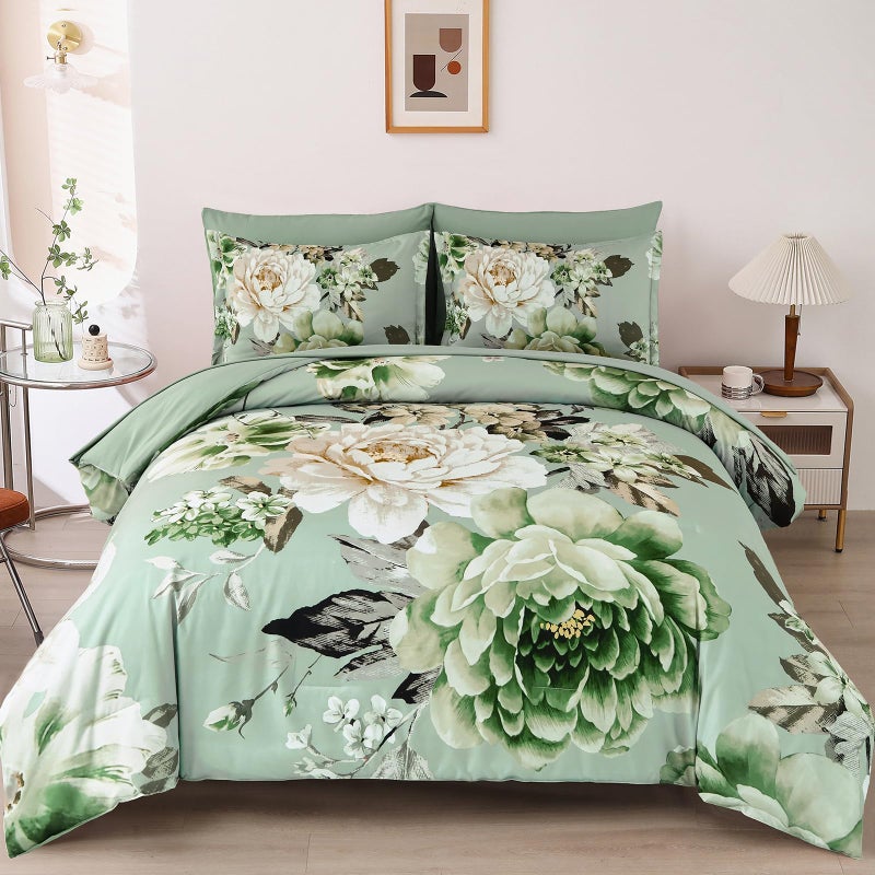 Dintszyayue Queen Sage Green Comforter Set,7 Pieces Green Floral Bed in a Bad Elegant Flower Print Bedding Set Soft Microfiber Bed Set for All Season with Flat Sheet, Fitted Sheets, Pillowcases&Shams - Image 1