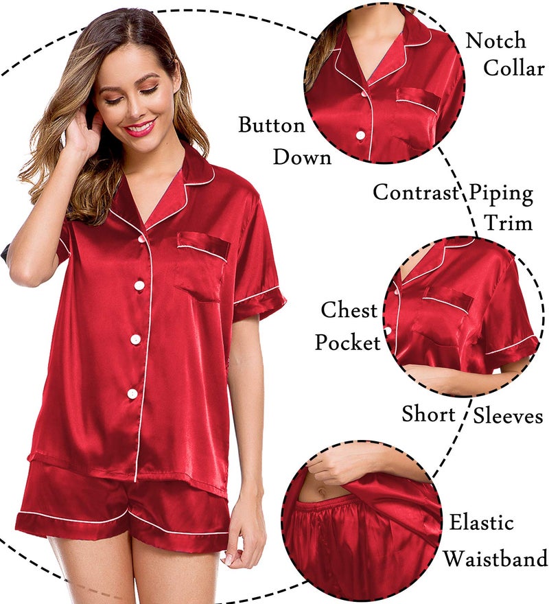 LecGee Womens Pajamas Set Silk Satin Sleepwear Short Sleeve Nightwear Button Down Pj Lounge - Image 5