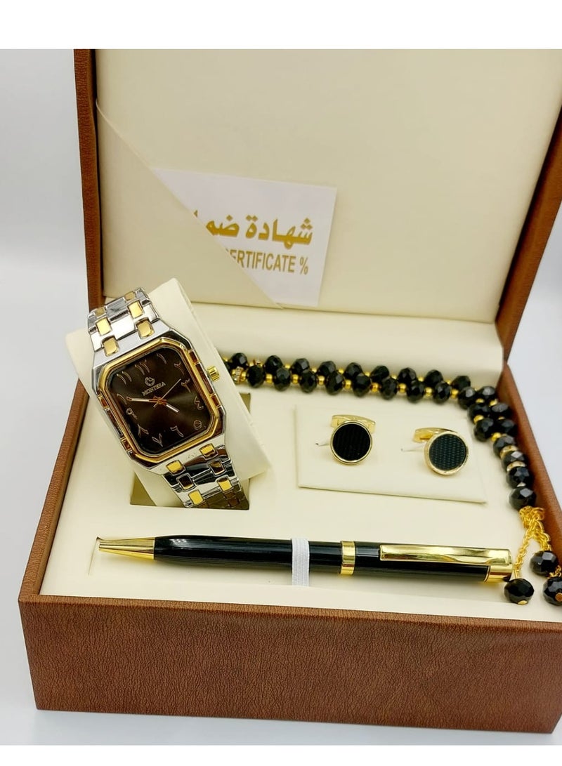 مونتيرا طقم رجالي مكون من ٤ قطع ساعة وقلم وكبك وسبحه