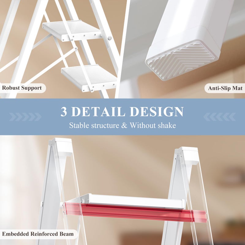 GameGem 2 Step Ladder, Folding Step Stool with Wider Pedal, Anti-Slip Feet & Non Slip Stripes, Aluminum Sturdy Material, 300Lbs Capacity, Elegant Look of Modern White Better Matches Your Home - Image 3