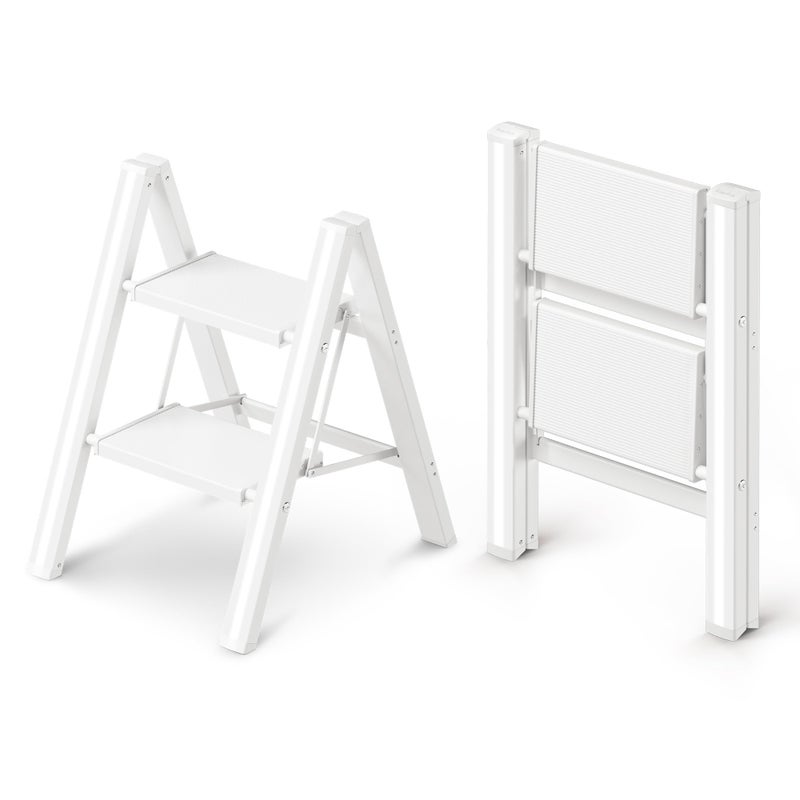 GameGem 2 Step Ladder, Folding Step Stool with Wider Pedal, Anti-Slip Feet & Non Slip Stripes, Aluminum Sturdy Material, 300Lbs Capacity, Elegant Look of Modern White Better Matches Your Home - Image 1