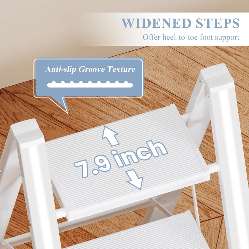 GameGem 2 Step Ladder, Folding Step Stool with Wider Pedal, Anti-Slip Feet & Non Slip Stripes, Aluminum Sturdy Material, 300Lbs Capacity, Elegant Look of Modern White Better Matches Your Home - Image 2
